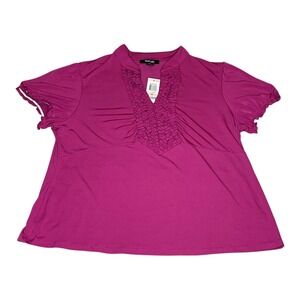 Style‎ Co Womens Bright Azalea Ruffle V Neck Short Sleeve Top Shirt Plus Size 2X